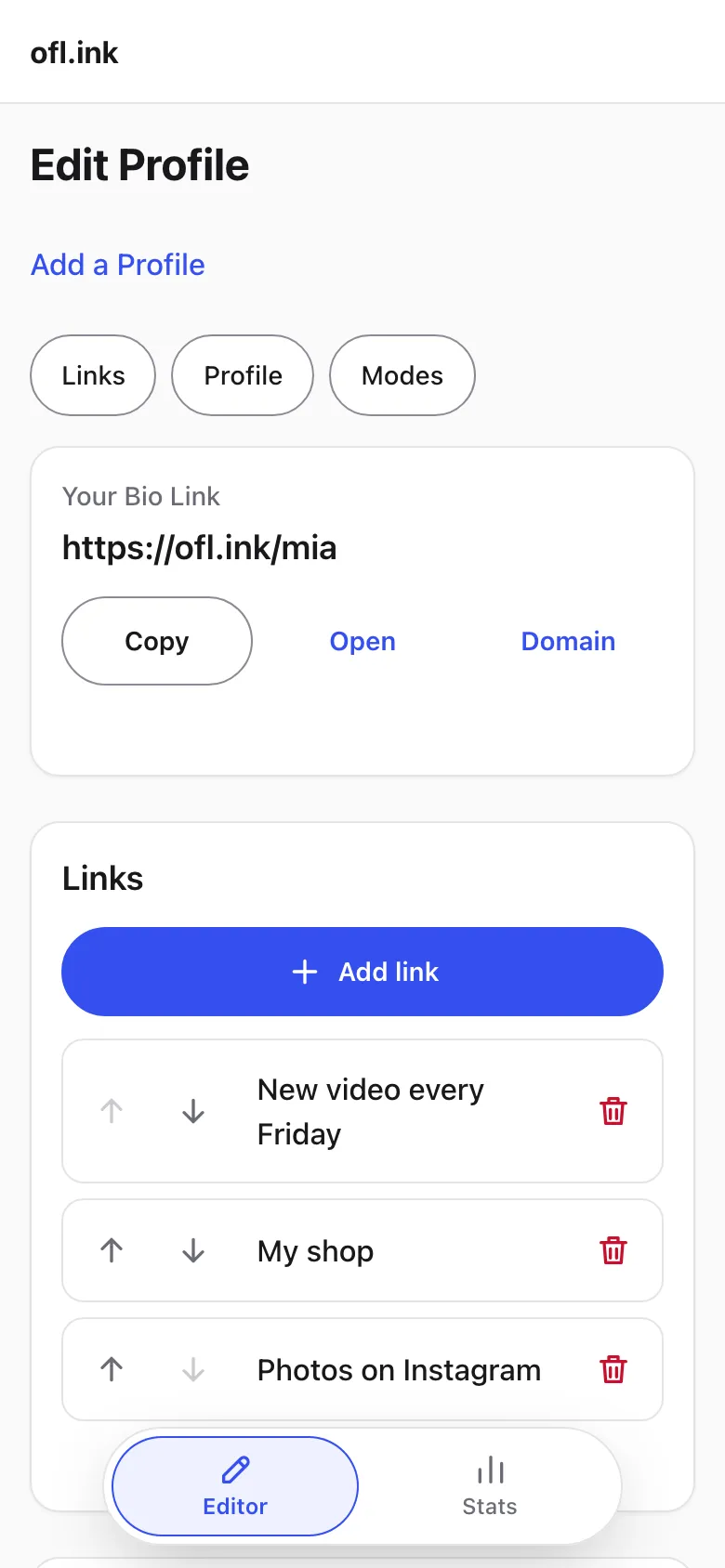 The Editor on a phone: the Bio Link with Copy, Add link and three Links.